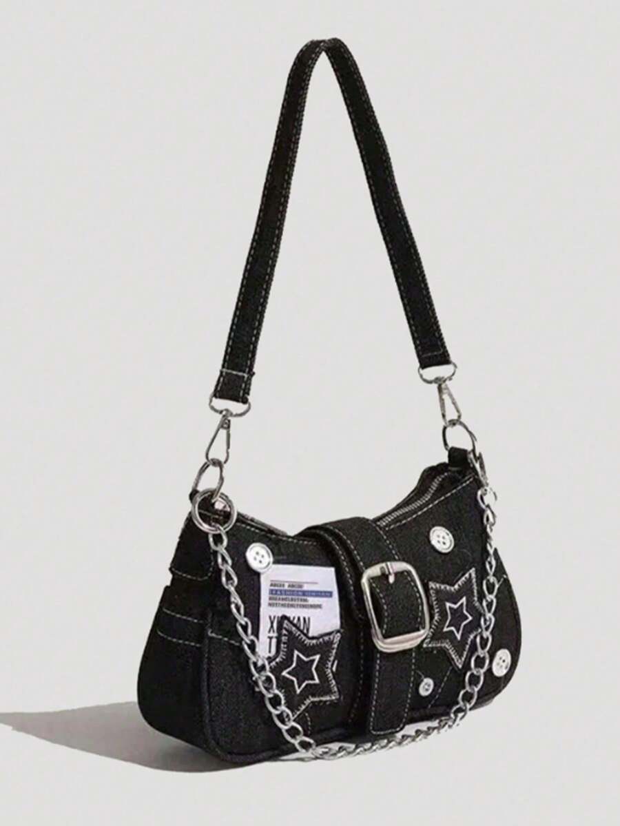 Y2K Style Retro Shoulder Bag For Women, Color Block Crossbody Star Chain Purse Small Bag For Girls, Ladies, Students, Young Professionals, Office Workers, Commuters, School Outings, Stars Hollow Women Bag, 2000s Fashion Style Bag For Women, Halloween Purse Perfect For Fancy Party Halloween Fashion & Gothic Fashion, Best Halloween Gifts For Women - 黑色 - 查看 1