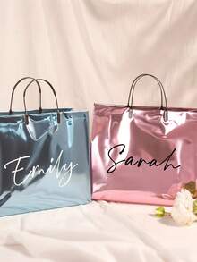 1pc Custom Name Tote Bag, Personalized Name Neon Transparent Beach Bag, Personalized Fashionable PVC Holographic Colorful Large Capacity Waterproof Casual Versatile Shoulder Bag, Custom Bridesmaids Tote Bag, Anniversary Gift, Valentine Gift, Birthday Gift, Wedding Gift, Mother's Day Gift, Father's Day Gift, Best Friend Gift, Gift For Mom/Dad - Multicolor - View 2