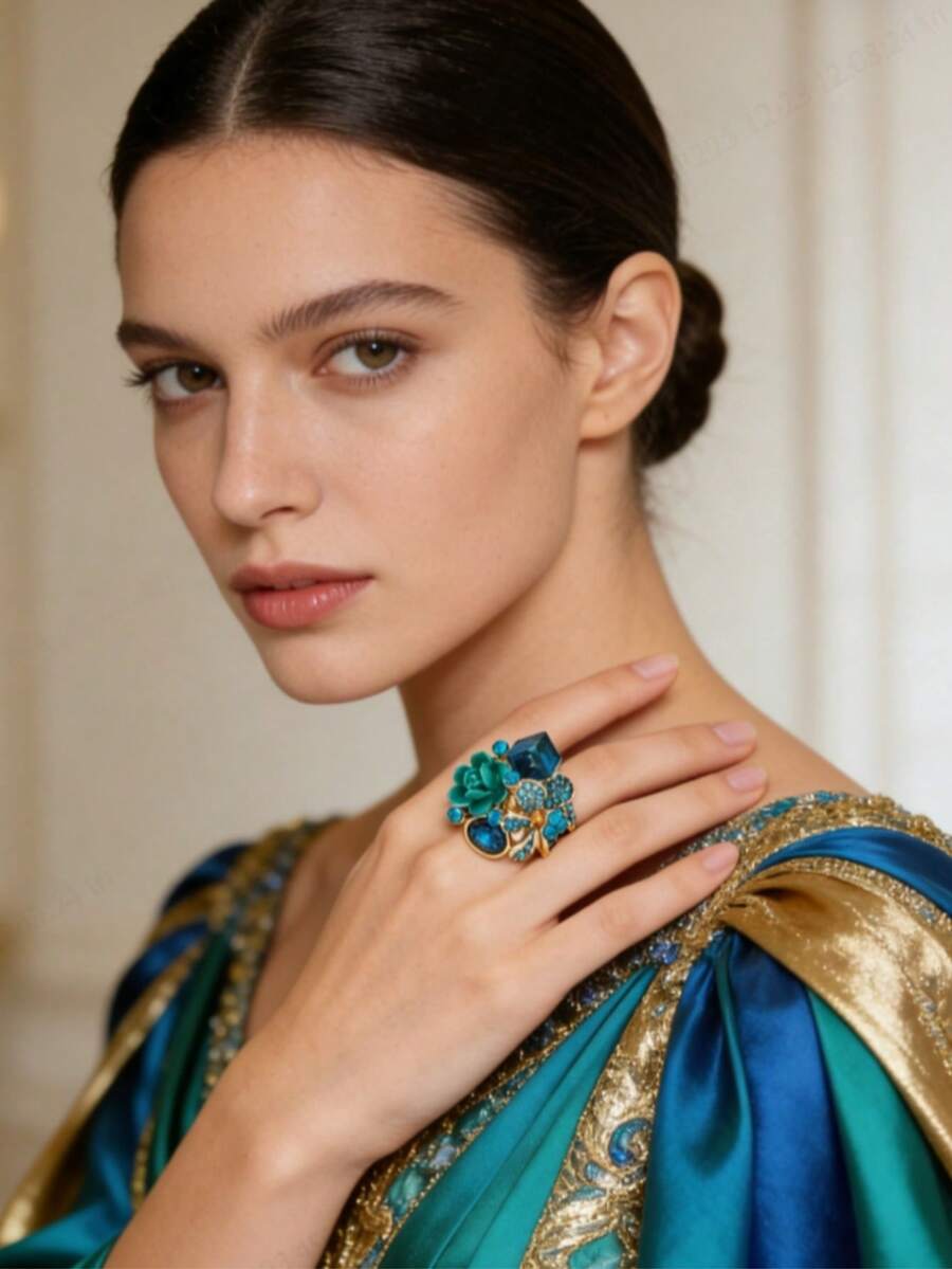 1 pieza Anillo abierto de cristal geométrico brillante - 10082LB Azul Lago - Ver 1