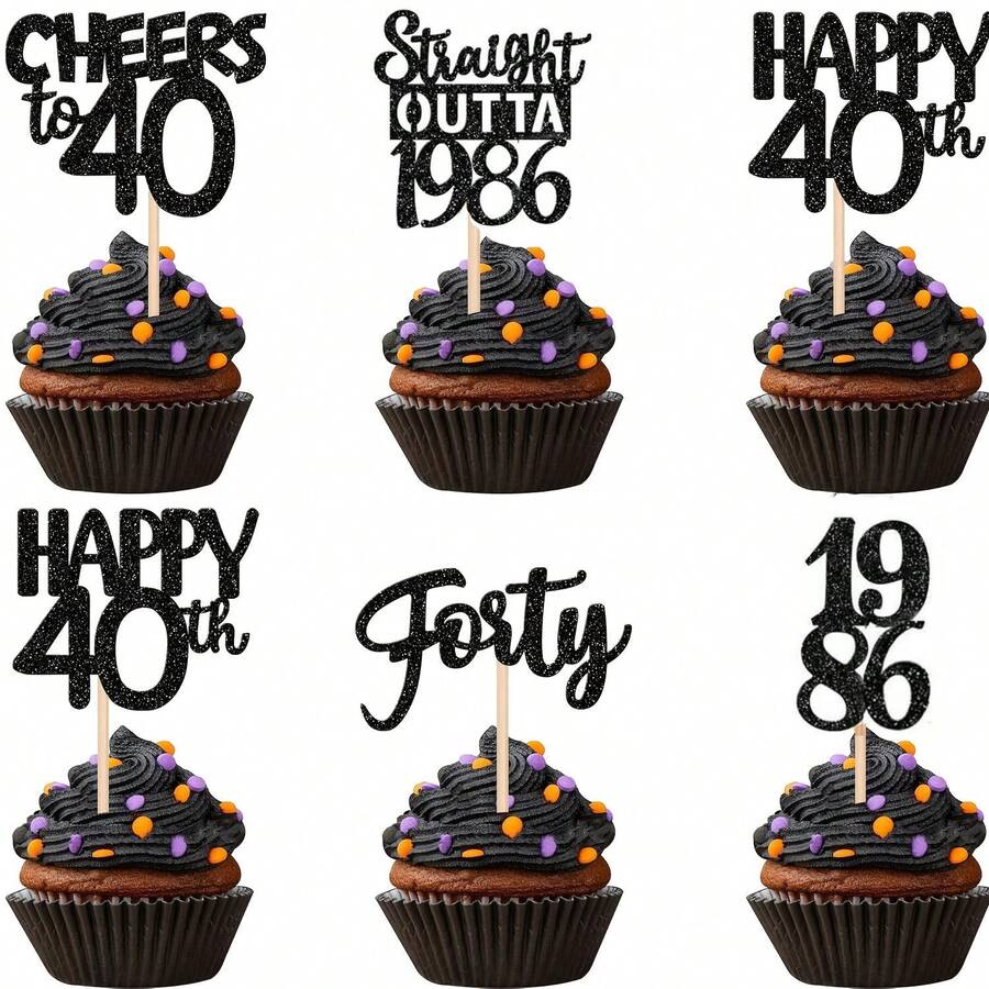 12个黑色40岁生日纸杯蛋糕装饰插牌,带有闪亮的“Happy 40th”字样,1985版,40周年纪念庆祝活动,40岁生日结婚纪念日派对装饰 - 黑色 - 查看 1