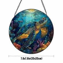Sea Turtle Stained Glass Suncatcher, Ocean Blue Faux Stained Glass Window Hanging For Beach House, Coastal Decor Or Ocean Lover Gift, Xmas - 彩色 - 查看 10