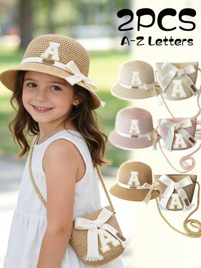 2pcs Girls Straw Hat & Straw Bag Set, Includes 26pcs Self-Adhesive Embroidered Letter Stickers, 3 Colors Available. Woven Wide Brim Sun Hat & Straw Shoulder/Crossbody Bag, DIY Letter Decor Fashion 2-Piece Set, Suitable For Spring/Summer Vacation