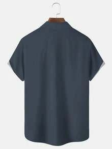 Camisa hawaiana de manga corta con botones y estampado de advertencia de descarga eléctrica divertida y retro para hombres - Azul Marino - Ver 2