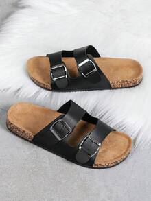 宽楦男士夏季凉鞋，男女皆宜的户外休闲鞋，采用金属双扣设计，提供多种尺码选择。时尚设计，配有可调节绑带，穿着舒适。这款时尚沙滩拖鞋采用优质复古纯色面料，方便穿脱。 - 黑色 - 查看 4