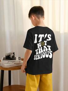 青少年男孩休闲图案印花圆领短袖 T 恤，夏季上衣 - 黑色 - 查看 2