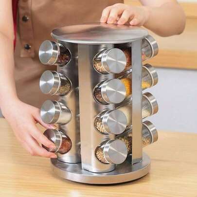 Porta Condimento Tempero Inox 12 Potes Vidro Base Giratoria
