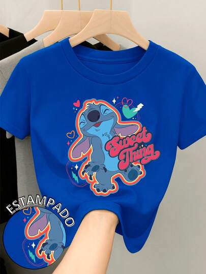  Camiseta para mujer de 100% algodón con cuello redondo y manga corta Estampada original de Disney Película Lilo y Stitch ideal para festividades del día del amor y el amigo Febrero Regalo ideal Primavera Verano Otoño Invierno Stitch tierno y esponjoso Diseño Retro Sweet Stich