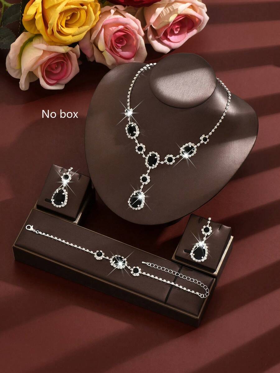 1 Set Women's Crystal Jewelry Set, Teardrop Necklace, Earrings, Bracelet, Copper Material, Suitable For Formal Dinner, Wedding, Valentine's Day - Black and White - View 1