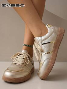 ZKBBO Zapatillas deportivas planas y ligeras para mujer con correa cruzada, zapatos para caminar y fitness, zapatos dorados de talla grande - Dorado - Ver 4