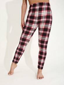 Plus Size Women's Burgundy Plaid Print Leggings, Casual Fashion Striped Elastic Skinny Pants, Minimalist Soft Comfortable Workout Pants For Indoor Exercise, Outdoor Leisure, Suitable For Spring/Summer - Wine Red and White Checkered - View 3