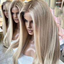 13x4蕾丝前置真人发假发，奶油金渐变色，长直发，沙龙品质，适合白种人女性，180%密度，22英寸，可调节自由分缝/中分/侧分，适合各种场合 - S27/613 - 查看 2