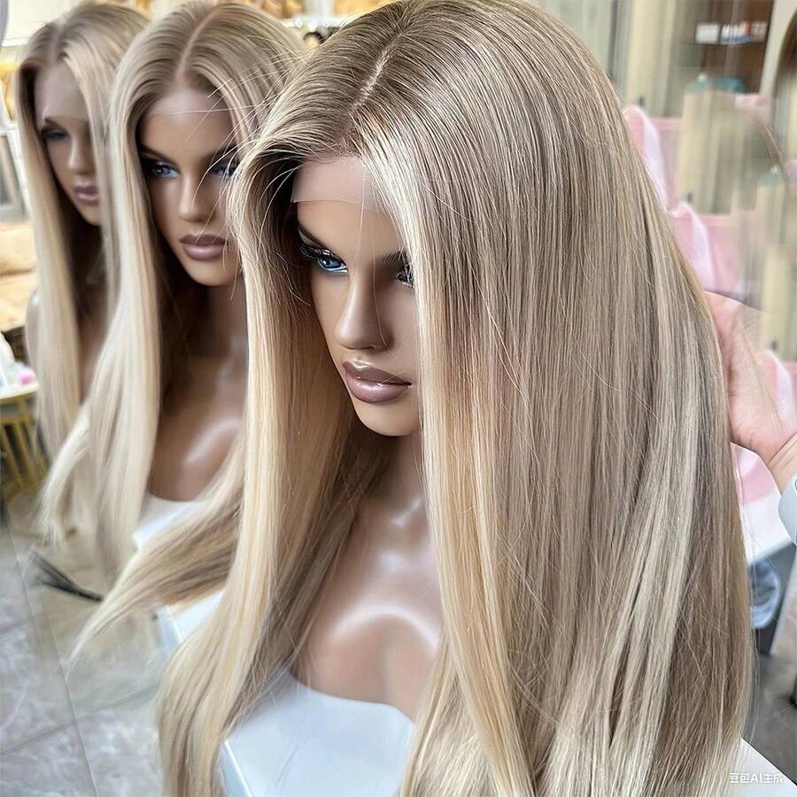 13x4蕾丝前置真人发假发，奶油金渐变色，长直发，沙龙品质，适合白种人女性，180%密度，22英寸，可调节自由分缝/中分/侧分，适合各种场合
