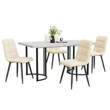 Dining Set (5-Piece), Dining Table With 4 Chairs, Modern Kitchen Table Set, 140*80cm Kitchen Table With Black Metal Legs, White MDF Tabletop, Beige Velvet Dining Chairs - White - View 5