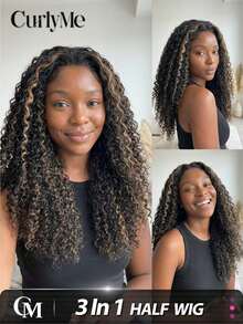CURLYME Balayage Highlight Ombre Brown Kinky Curly Wear And Go Half Wig 3-In-1 Drawstring Human Hair Wig Seamless Natural Hairline 180% Density 16–28 Inch Glueless Beginner Friendly Christmas Gifts Daily Wear Travel Wig For Women - S1B/4/27 - View 1
