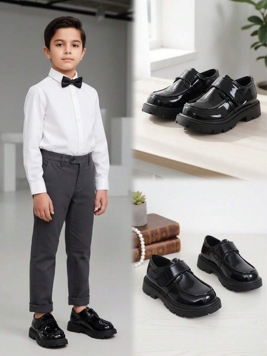一双黑色漆皮厚底儿童乐福鞋，纯黑色，百搭简约，魔术贴套穿设计，柔软PU材质，圆头，轻便透气，复古英伦风，适合5-15岁男孩女孩，可用于学校、演出、典礼、休闲等各种场合，四季皆宜。 - 黑色 - 查看 1