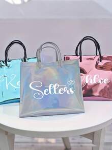 1pc Custom Name Tote Bag, Personalized Name Neon Transparent Beach Bag, Personalized Fashionable PVC Holographic Colorful Large Capacity Waterproof Casual Versatile Shoulder Bag, Custom Bridesmaids Tote Bag, Anniversary Gift, Valentine Gift, Birthday Gift, Wedding Gift, Mother's Day Gift, Father's Day Gift, Best Friend Gift, Gift For Mom/Dad - Multicolor - View 4