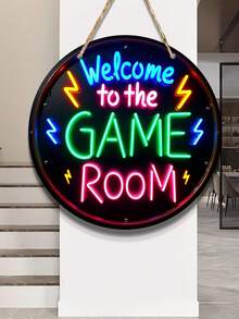 2D平面，10/12英寸“欢迎来到游戏室”木质标牌 - 色彩鲜艳的圆形木质墙饰，完美适用于家居、办公室、酒吧、游戏室装饰 | 易于悬挂，无需电池，适合室内/室外使用，游戏室装饰 - 彩色 - 查看 1