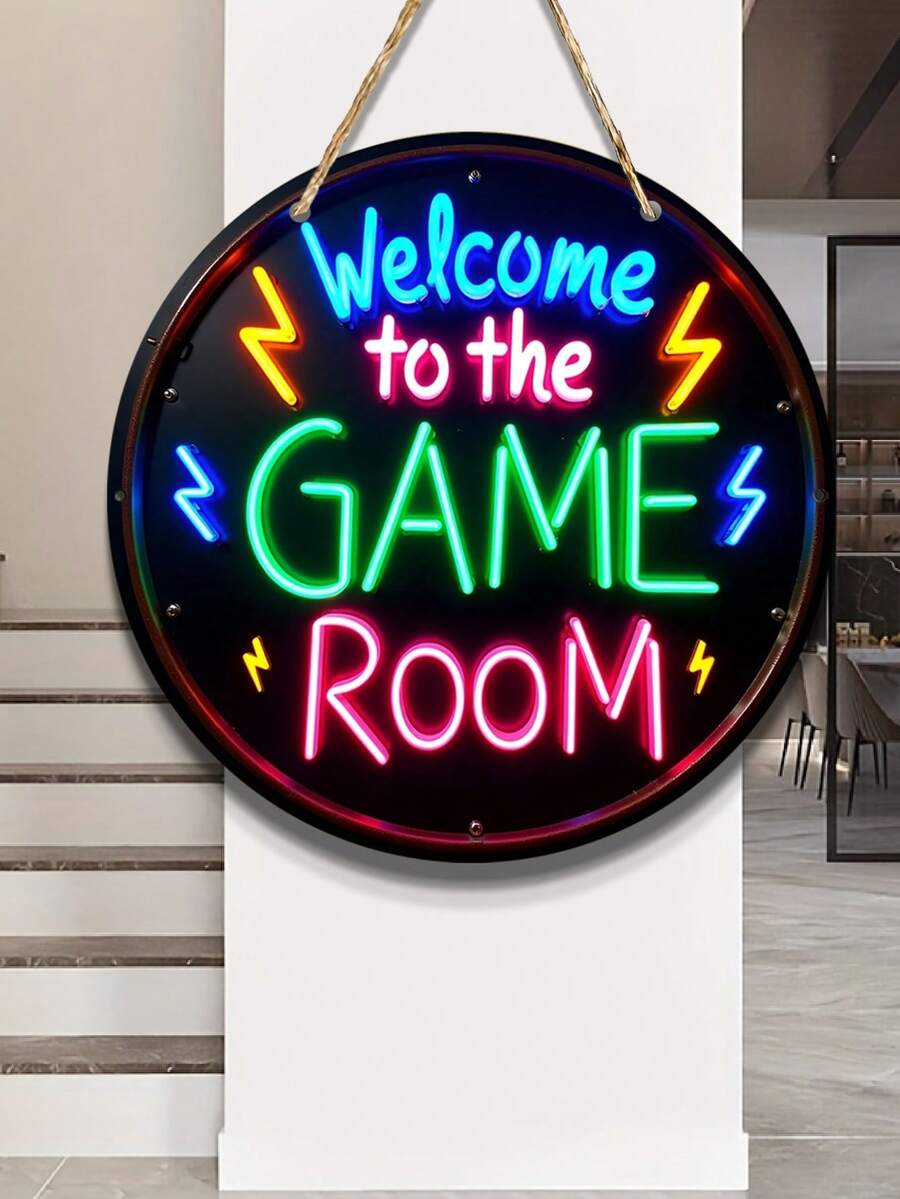 2D平面，10/12英寸“欢迎来到游戏室”木质标牌 - 色彩鲜艳的圆形木质墙饰，完美适用于家居、办公室、酒吧、游戏室装饰 | 易于悬挂，无需电池，适合室内/室外使用，游戏室装饰 - 彩色 - 查看 1