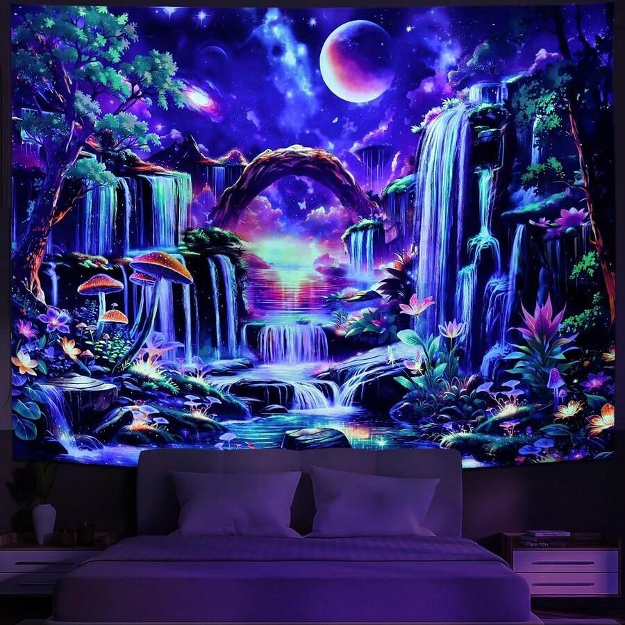 Huzuya Blacklight Fantasy Forest Tapestry Neon Waterfall Tapestries UV Reactive Galaxy Space Tapestry Colorful Floral Plants Tapestries Wall Hanging Backdrop Room Decor For Bedroom - Thác nước - Xem 1