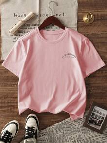 1pc Girls Casual Printed Round Neck Short Sleeve T-Shirt, Summer Student Young Children Clothing - The T-Shirt With Mountains And Seas Characters Print Brings Joy And Happiness To Every Child! CAPPUCCINA BALEERINA - Pink - View 4