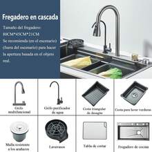Fregadero De Cocina, Acero Inoxidable Fregadero De Cocina con Cascada, Moderno Tarjas Para Cocina de lluvia Volador con Dispensador y Accesorios para Bar, Comedor(80 * 45cm) - Cepillado - Ver 1