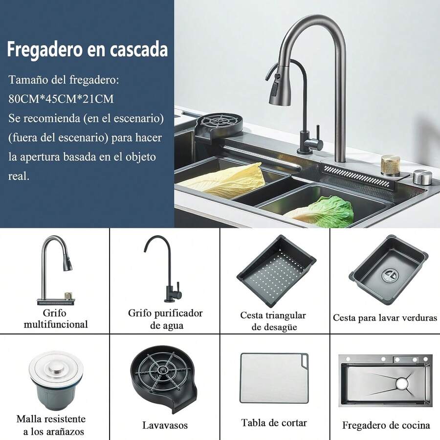 Fregadero De Cocina, Acero Inoxidable Fregadero De Cocina con Cascada, Moderno Tarjas Para Cocina de lluvia Volador con Dispensador y Accesorios para Bar, Comedor(80 * 45cm) - Cepillado - Ver 1