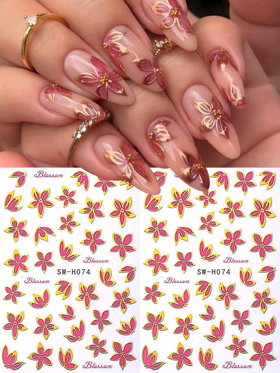 2片装红色花朵美甲贴纸，自粘式DIY花朵装饰贴花，金色边缘，美甲装饰配件，适合女性女孩DIY春季美甲设计，美甲用品 - 彩色 - 查看 1