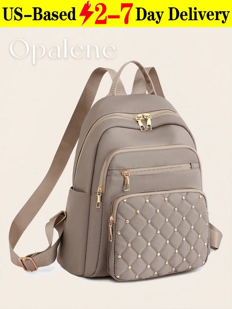 Anti-Theft Rivet Nylon Functional Backpack For Women, Business Casual Commuting Travel Backpacks, Cute Multi-Compartment Versatile Computer Daypack, Portable Campus School Bag For Junior High School And College Students, School Backpack, Elementary School, Middle School, High School, Back To School Bags, Waterproof, Lightweight, Classic Casual, Suitable For Teen Girls Women College Students, Teacher, Perfect For Back To School, First Day Of School, Middle School, High School - 彩色 - 查看 1