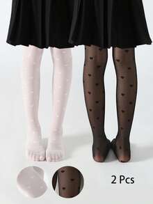 2/1 双女童紧身裤，婴儿紧身裤，儿童紧身裤，薄款爱心提花无脚紧身裤，网眼紧身裤，黑色，白色，纯色，学院风可爱风格，儿童舞蹈裤，柔软舒适春夏季，适合日常、四季、派对，可搭配裙子、短裤，可用作舞蹈袜