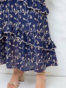 Women's Maxi Dress With Embroidered Appliqués, Puff Sleeves, Layered Skirt, V-Neck, Faux Buttons On The Bust, Elegant, Romantic And Perfect. - 藏蓝色 - 查看 5