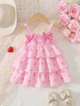 1 Stück Baby Mädchen vielseitiges, süßes, niedliches Modekleid mit ärmellos, Träger, kariert, geschichtet, Schleifen-Dekor, lässiger Alltagskleidung für den Sommer