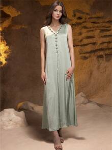 Elegant Women's V Neck Arabian Dress With Rhinestone And Applique Details Regular Long Sleeve Non-Stretch Fabric Caftan Spring - Mint Green - View 7