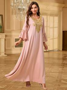 Non-Positioning Flower Lantern Sleeve Applique Arabic Dress - Pink - View 8