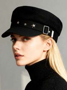 1 Stück Damen Einfarbiger Fünfzackiger Stern Schnalle Flacher Breiter Krempe Hut, vielseitige Zeitungsboy Mütze für Lässig, Ausflüge, Pendeln - einfarbig - Übersicht 3