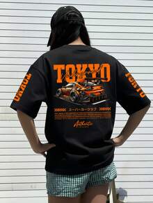 Women's Summer New Simple Letter TOKYO Racing Print Casual Loose Versatile Round Neck Black Short Sleeve T-Shirt, Suitable For Daily And Holiday Wear - Black - View 5