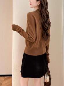 Alicedudu 女士春季高档纱线圆领针织开衫，优雅款式 - 棕黃 - 查看 2