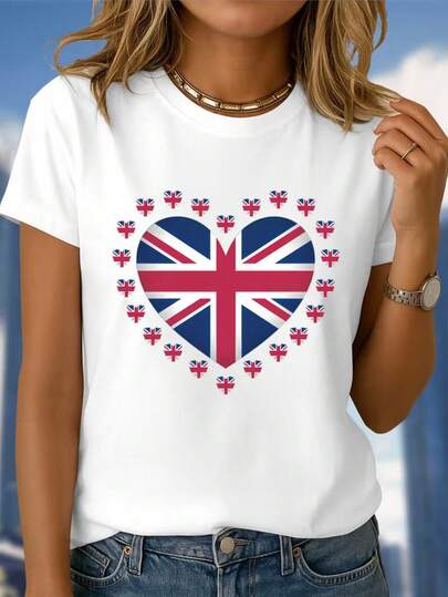 100% Pure Cotton Women's White Short Sleeved T-Shirt, "I Love UK" T-Shirt – Heart Union Jack Design, Women's British Flag Fashion Tee, This Round Neck Casual Top Is Designed Specifically For Women, Washable, Comfortable And Breathable, Suitable For Daily Casual Wear And Vacation Occasions.