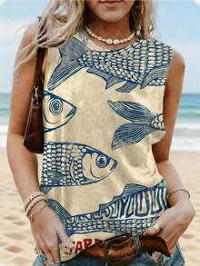 Áo tank top cổ tròn phong cách Bohemian Holiday Beach dành cho nữ, in hình cá nhiệt đới, thích hợp cho bữa sáng/bữa trưa, mùa hè. - Màu be - Xem 1