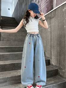 Girls  Stuff - Baggy Jeans With Red Heart Embroidery, Kpop Style Girls Jeans, Perfect Kids Clothes Girls & Christmas Teen Girl Gifts - 藍色 - 查看 3
