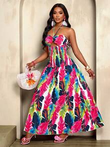 Sexy And Elegant Women's Long Dress With Random Floral Patterns - Hot Pink - View 3