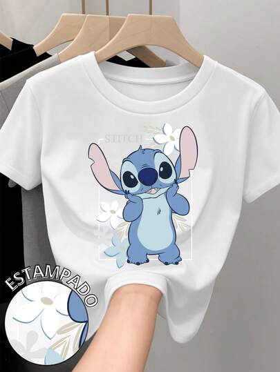  Camiseta para mujer de 100% algodón con cuello redondo y manga corta Estampada original de Disney Película Lilo y Stitch ideal para festividades del día del amor y el amigo Febrero Regalo ideal Primavera Verano Otoño Invierno Stitch tierno y esponjoso