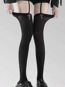 1 Pc Women's Black Cross Pendant Garter Thigh High Socks | High Elastic Japanese Y2K | Edgy Streetwear Design | Perfect For Harajuku & Party Looks - Multicolor - View 11