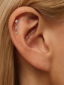 1PC Moissanite 925 Sterling Silver Marquise Flat Back Cartilage Helix Piercing Ear Cuff Earring Pierced Ear Cartilage Clip On Wrap Hoop Filled For Women Wedding Bridal Jewelry - White Gold - View 4