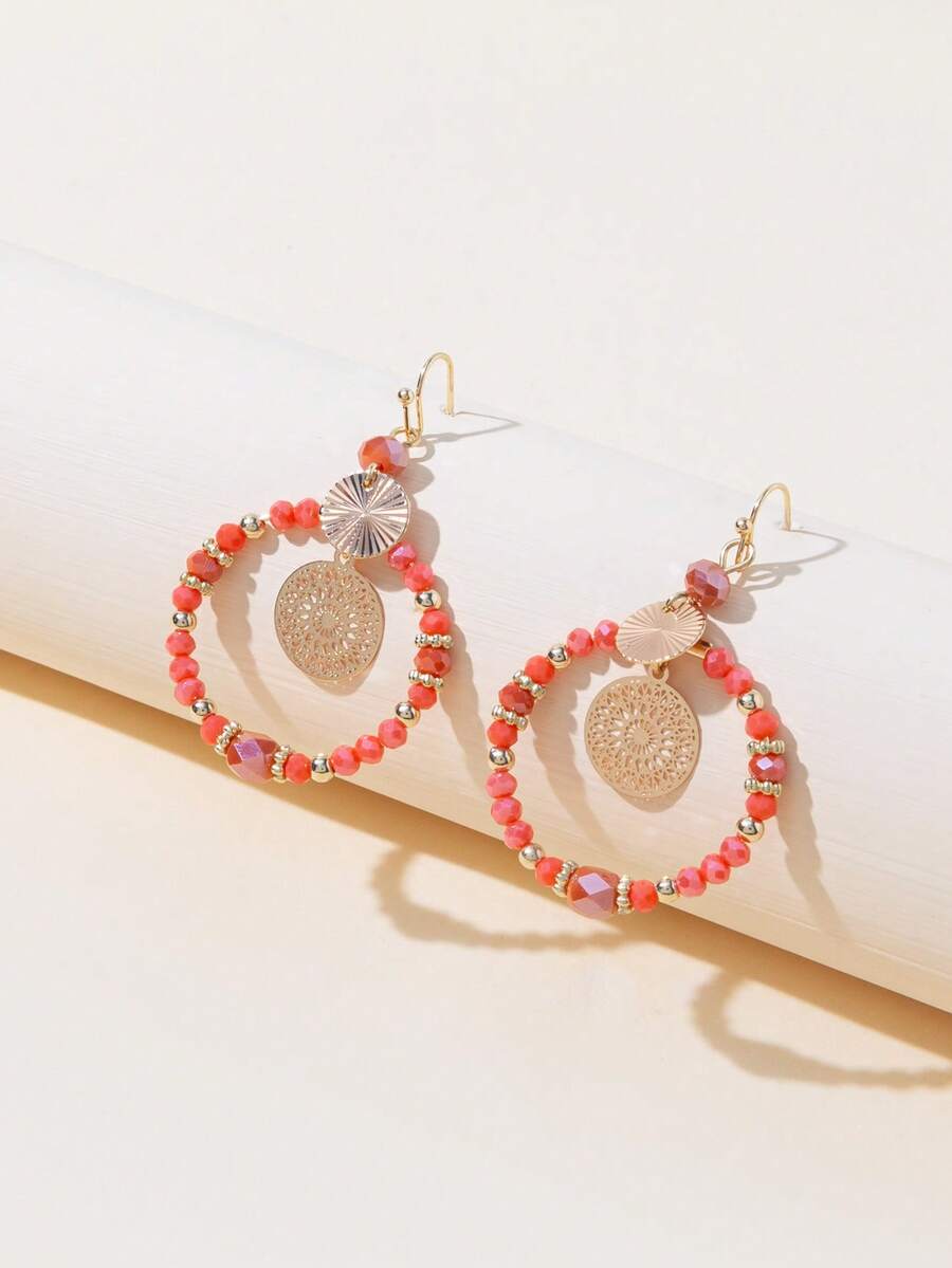 1 Pair Women's Bohemian Style Chic Orange Round Vintage Tassel Beaded Earrings (Bead Color Random) - Orange - View 1