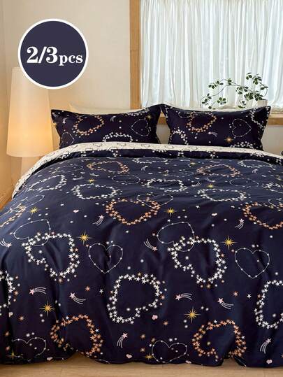 2/3pcs Set Heart & Star Pattern, Soft, Student Style, Sweet & Cute Girl Design Washed Cotton Duvet Cover Pillowcase Set, Suitable For Spring/Summer, Available In Twin/Queen/King Size