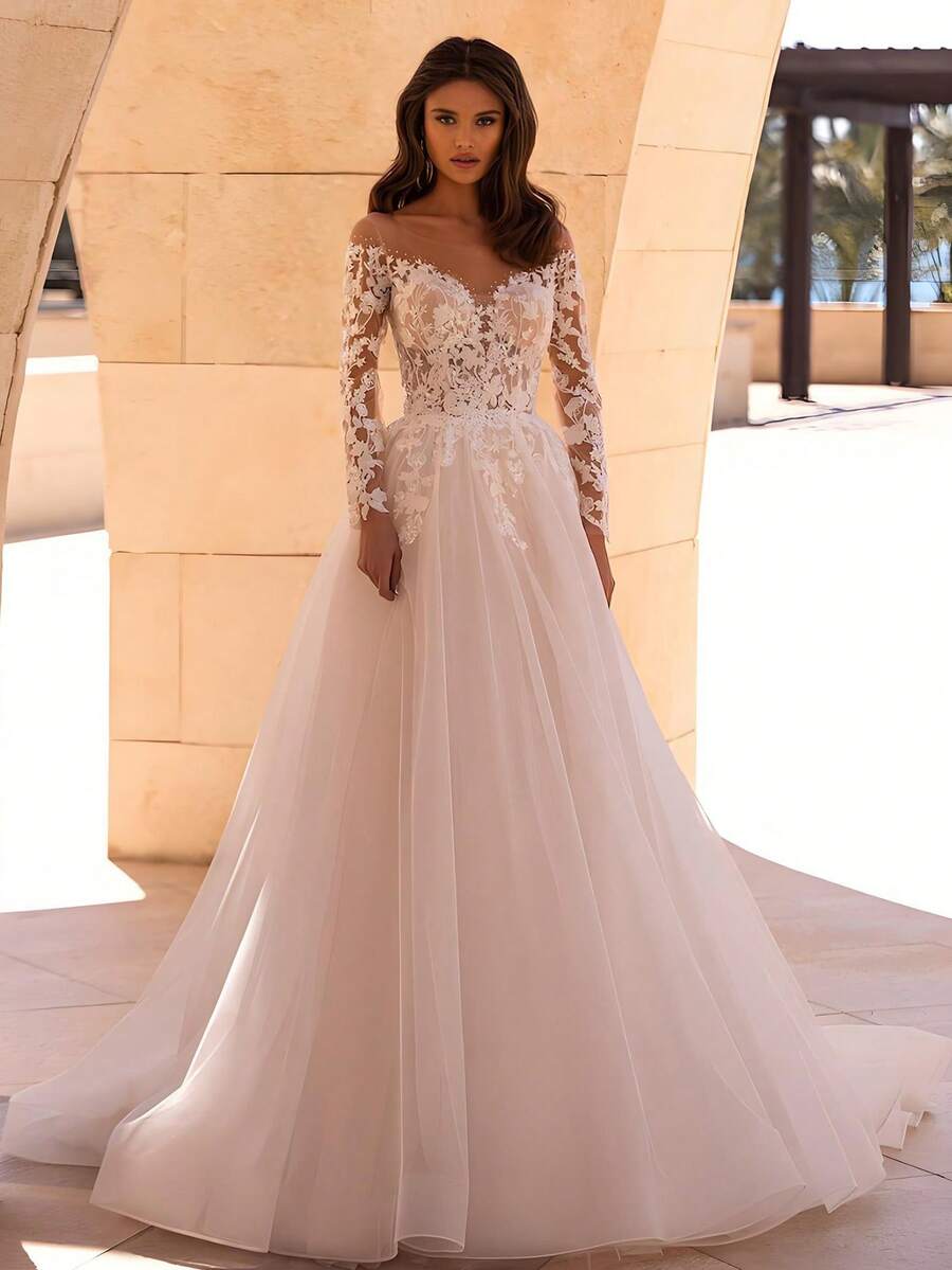 Romantic Sheer Neckline Long Lace Sleeve Tulle Wedding Dress, Wedding Dresses For Bride, Elegant And Comfortable, Including Plus Size, Bridal Gown, Formal Dresses For Women, Suitable For Wedding, Party, Vacation, Bride, Formal Occasions, Dinner Dress, Prom Dress, After-Party Dress, Homecoming Dress, Cocktail Party, Birthday Party, Celebration, Gala, Festival, Ceremony - 白色 - 查看 1
