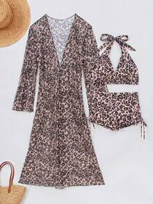 Leopard Print Tie-Front Backless Bikini Sets - Camel - View 8