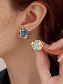 1 Pair Of French Elegant Retro Earrings,Drip Glaze Painting Style Moon Design Earrings, Suitable For Daily Decoration - Moon - View 3
