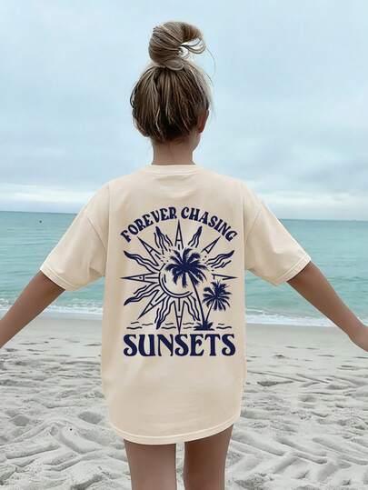 1pc Girls Casual Printed Round Neck Short Sleeve T-Shirt, Summer Student Young Children Clothing - The T-Shirt With Wave And Palm Tree Print Brings Joy And Happiness To Every Child! FOREVER CHASING