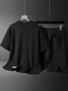 Setelan Kaos dan Celana Pendek Lengan Pendek Leher Bulat Warna Polos Bermotif, Menyerap Keringat, dan Bernapas untuk Remaja di Musim Panas - Hitam - View 2